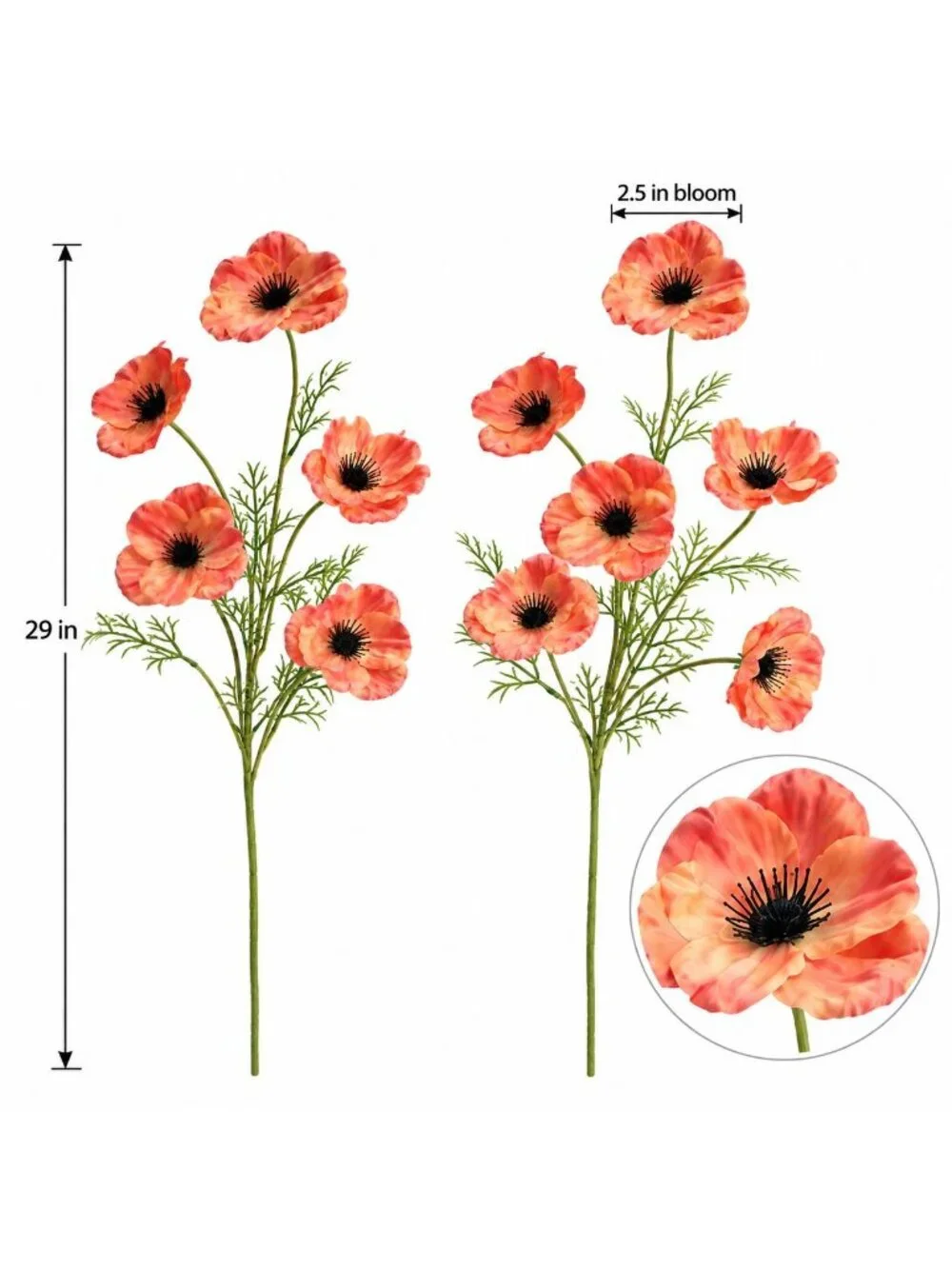 Coral Peach Orange Artificial Poppy Stems Set of 2 29 Inch Faux Silk Flowers Sum